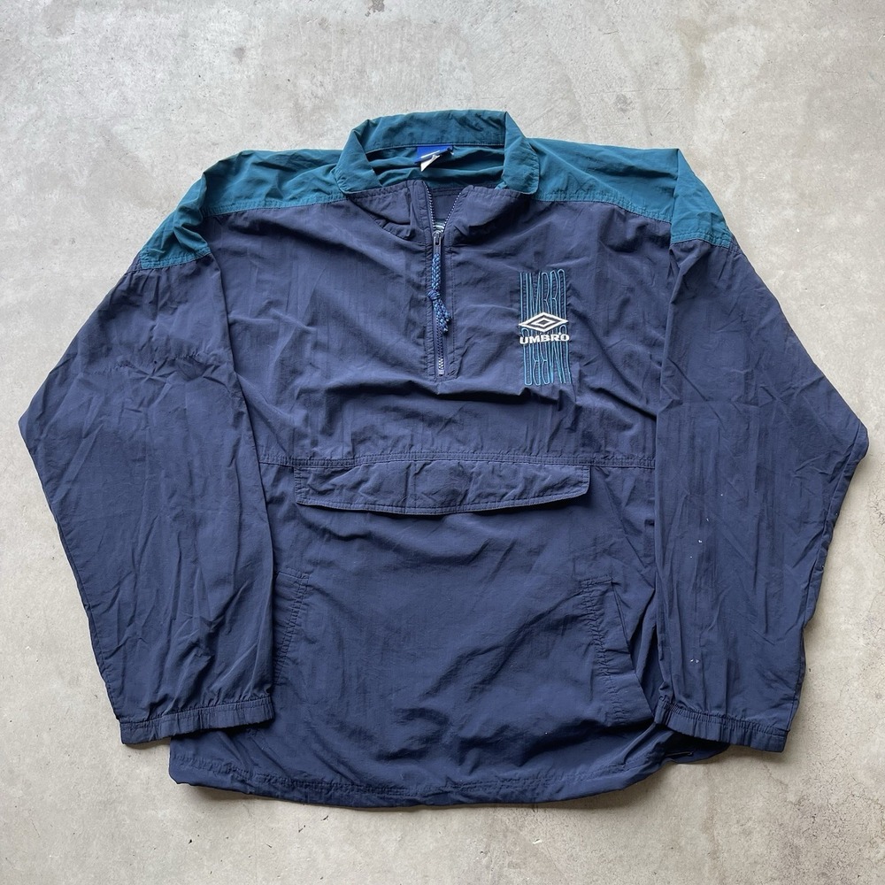 Vintage 80s Umbro Anorak Warm up jacket‎ L Windbreaker Blue Kangaroo Pouch USA